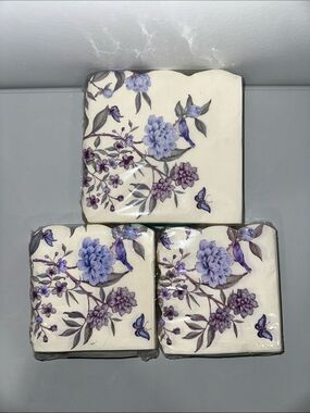 Martha Stewart Ivory Purple Floral Matching Square Cocktail Lunch Napkins 40 x 3